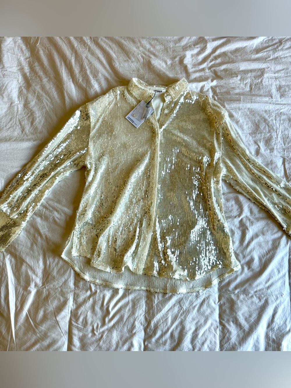 4th + Reckless Elsa Hosk NWT ZOEY Oversized Sequin Blouse Ivory XS